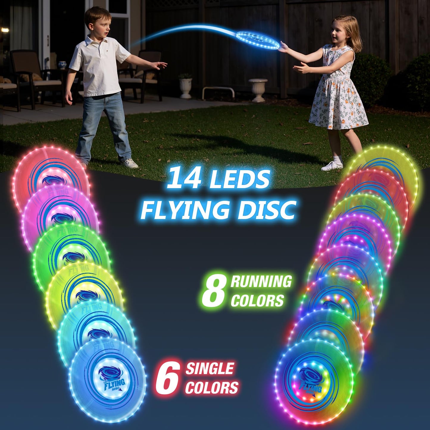 HYES 2 Pack Light up Flying Discs for Kids, Rechargeable Disc with 45 LEDs, 14 Lighting Modes(10")&Built-in Battery Disc(7.8"), Glow in The Dark Ring for Beach/Camping/Outdoor Sport