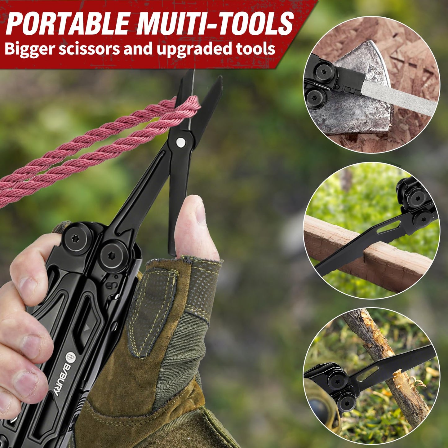 BIBURY Multitool Pliers Pro BI2045AB, Stainless Steel Foldable Multi Tool with Upgraded Scissors and Screwdriver, Multitools with Replaceable Wire Cutters and Saw, Ideal for Camping,Fishing,Survival