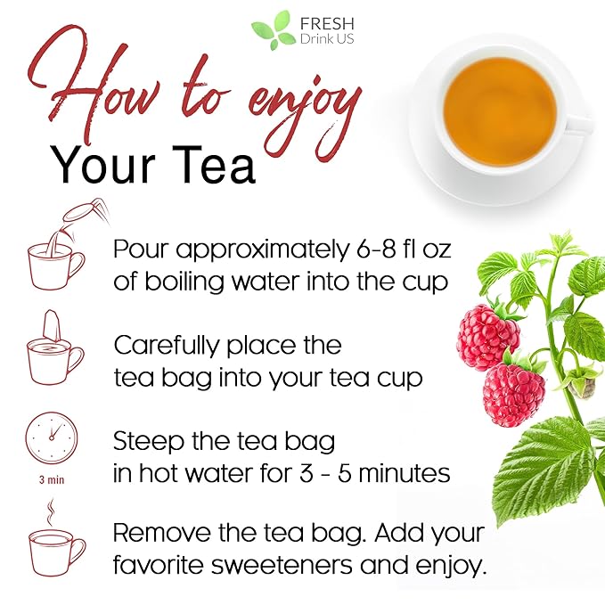 FreshDrinkUS, 75 Bags Premium Raspberry Leaf Teawith Chamomile Flavor, Eases Menstrual Cramps & Supports Healthy Pregnancy, Naturally, Caffeine-Free, Sugar Free, Vegan