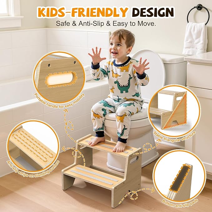 Step Stool for Toddler, Sturdy Wooden 2-Step Stool with Anti-Slip Surface and Pads for Barthroom, Kitchen, Bedroom, Toilet, and Potty Training - 1 Pack