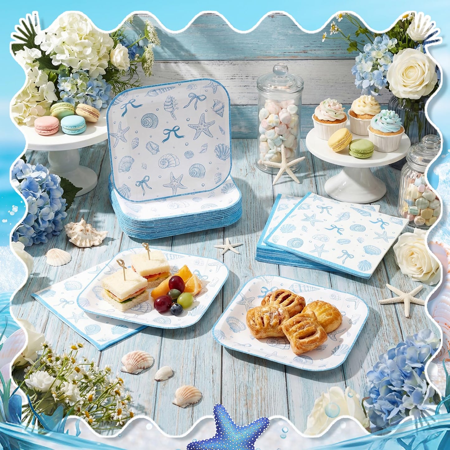 Zhehao 72 Pcs Coastal Seashell Plates and Napkins Set Serve 36, 7" Ocean Beach Party Supplies Disposable Blue Bow Starfish Seashell Beach Bachelorette Under The Sea Dinnerware Decoration