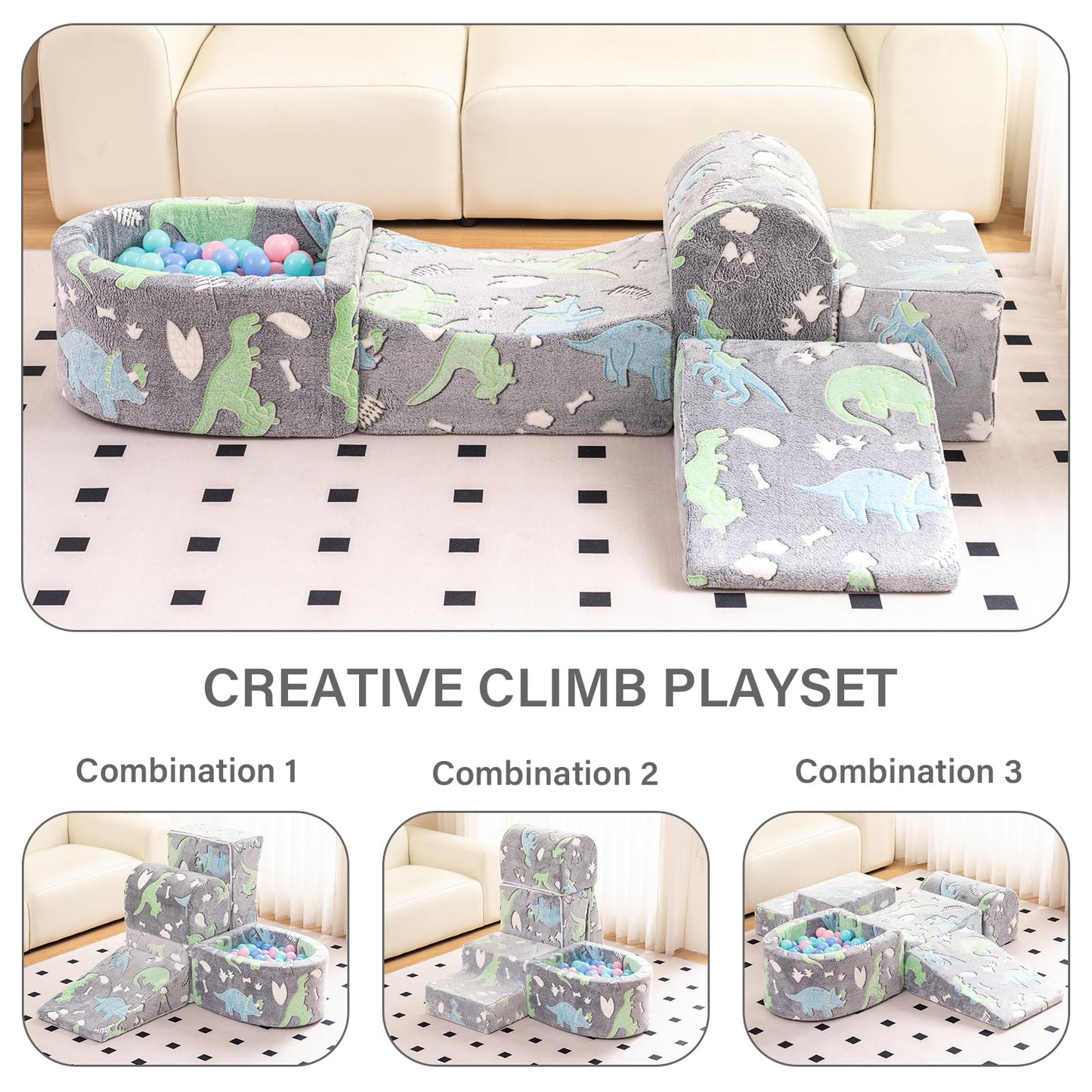 Tiita Baby Climb and Crawl Playset 5-Piece, Kids Foam Climbing Block with Small Ball Pit - Indoor Soft Play Climber for Playtime Fun, Grey Star, Green Dinosaur