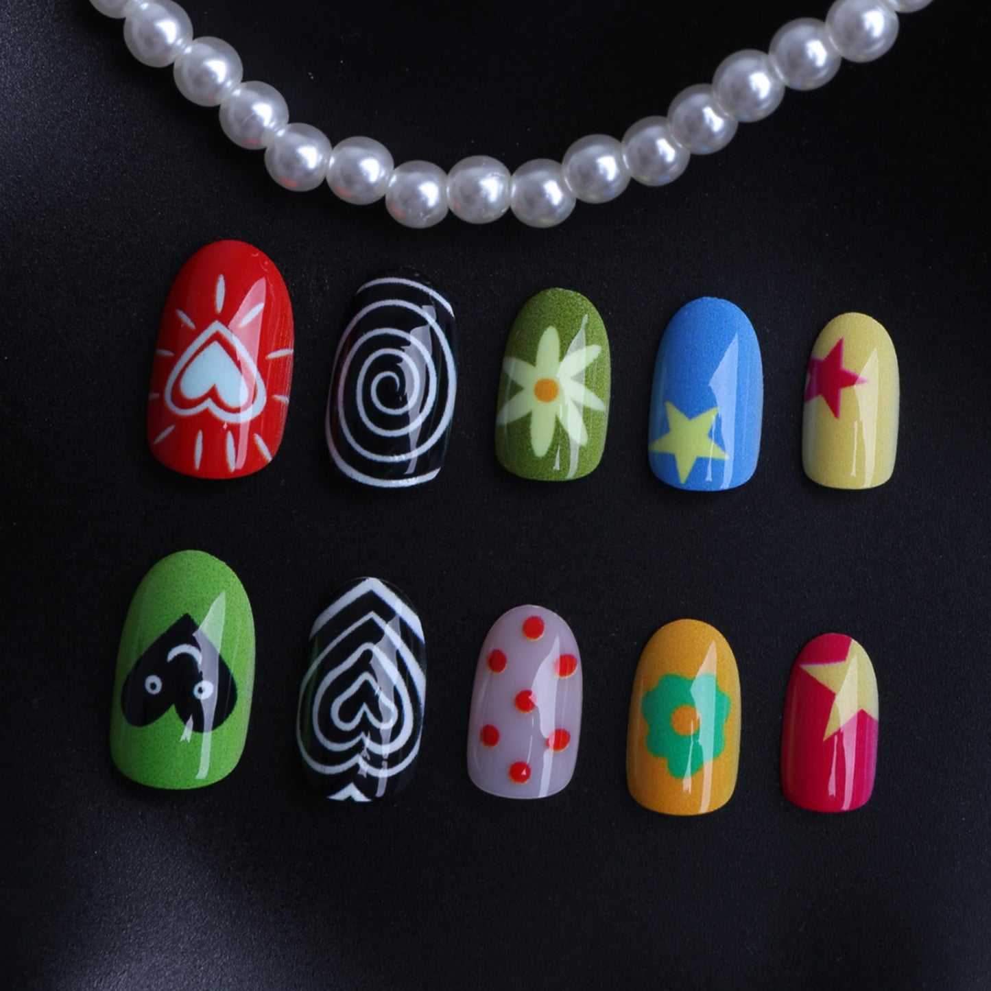 Short Press on Nails Almond Fake Nails Blue Acrylic Nail Press ons Seeneey Multicolor Beach Stick on Nail for Women 24pcs