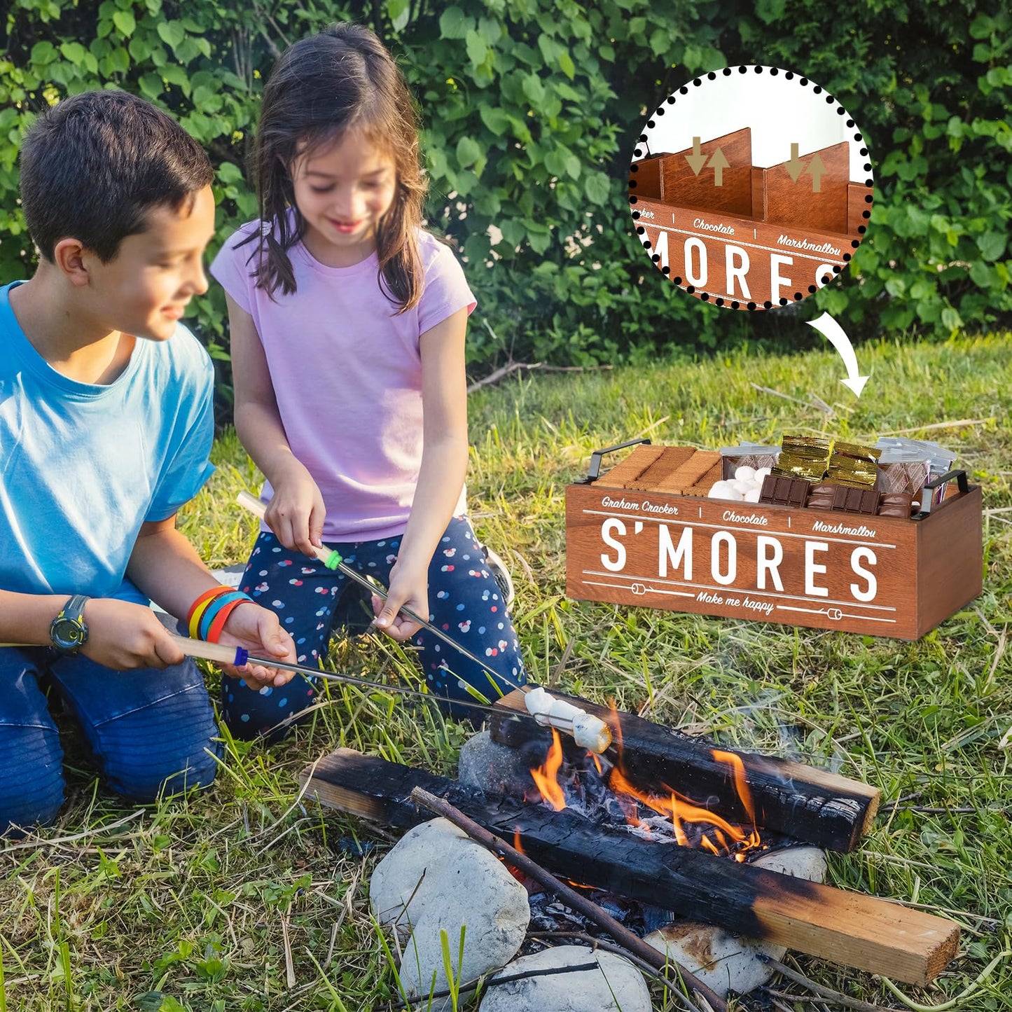 S'Mores Station, Farmhouse Smores Caddy with Handles, Smores Kit for Fire Pit Smores Maker Box, Smores Bar Station with 5Pcs Extendable Marshmallow Roasting Sticks, Camping Essentials Gear Accessories