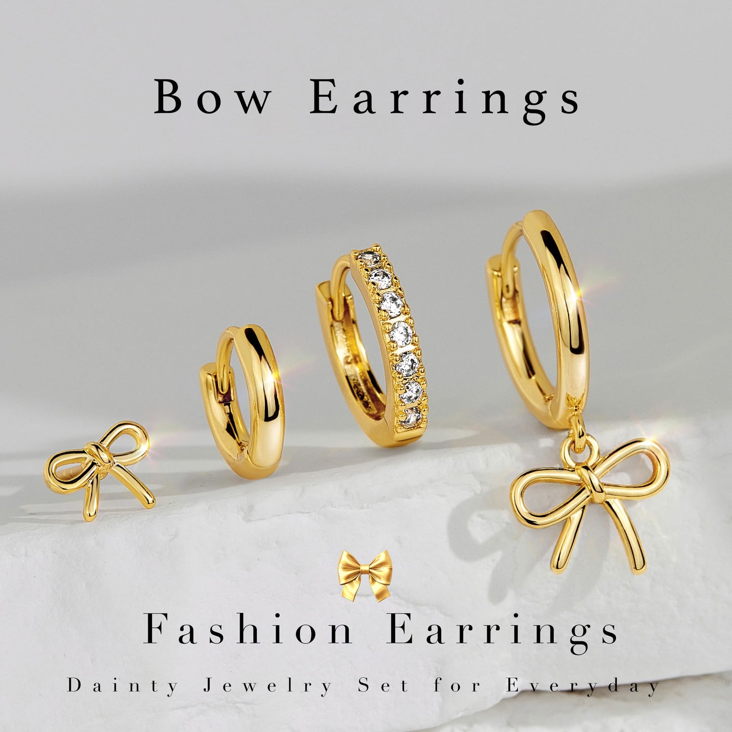Gold Bow Earrings for Women,Huggie Small Stack Cartilage Stud Hoop Earring Sets for Multiple Double Piercing, Conch Helix Rook Tragus Daith Piercing Gold Clip On Jewelry Set Gifts