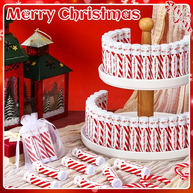 25 Pack Christmas Lip Balms Bulk Christmas Candy Peppermint Cane Scented Holiday Flavor Lip Balm Gifts Xmas Party Gifts Bulk Xmas Items Stocking Stuffers for Women Men Staff Employee (Candy)