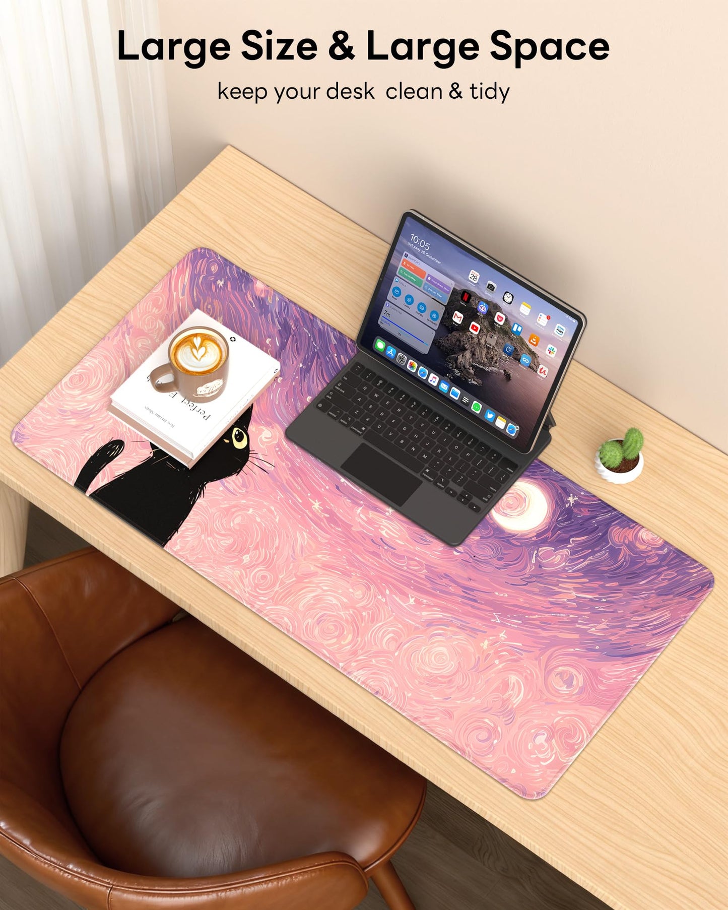 Velluxion XL Gaming Mouse Pad, 31.5x15.7'' Large Desk Mat with Anti-Slip Rubber Base & Stitched Edges for Gaming, Office, Home, Van Gogh Cat