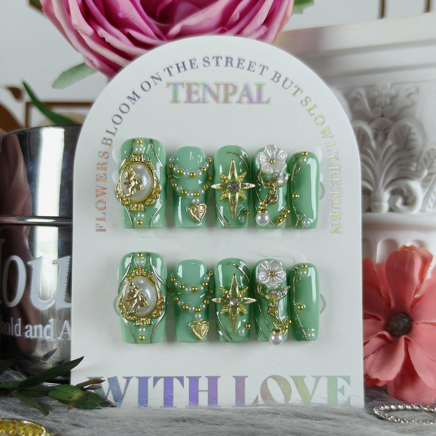 TENPAL Handmade Press on Nails Medium Square,Green Gold Gothic Angel Sweet Sexy Glitter Fake Nails Reusable Daily Wear Salon Acrylic False Nails for Women Girls 10PCS(L)