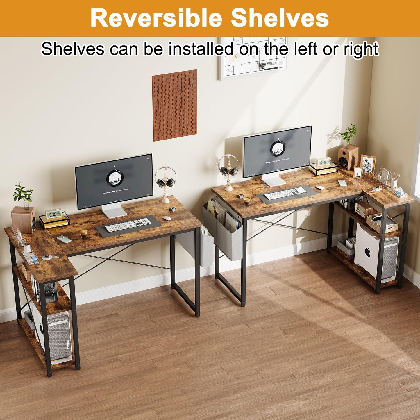Grandder L Shaped Computer Desk with Reversible Shelves, 40 Inch Small Corner Desk with Storage Bag, Gaming Desk Computer Table Study Writing Desk for Home Office Small Space, Rustic Brown
