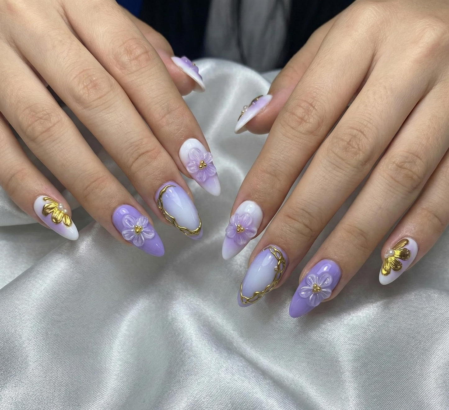 Almond Press on Nails Long Fake Nails Seeneey Purple Artificial Nail White Gold Charm Flowers Stick on Nail for Women 24pcs