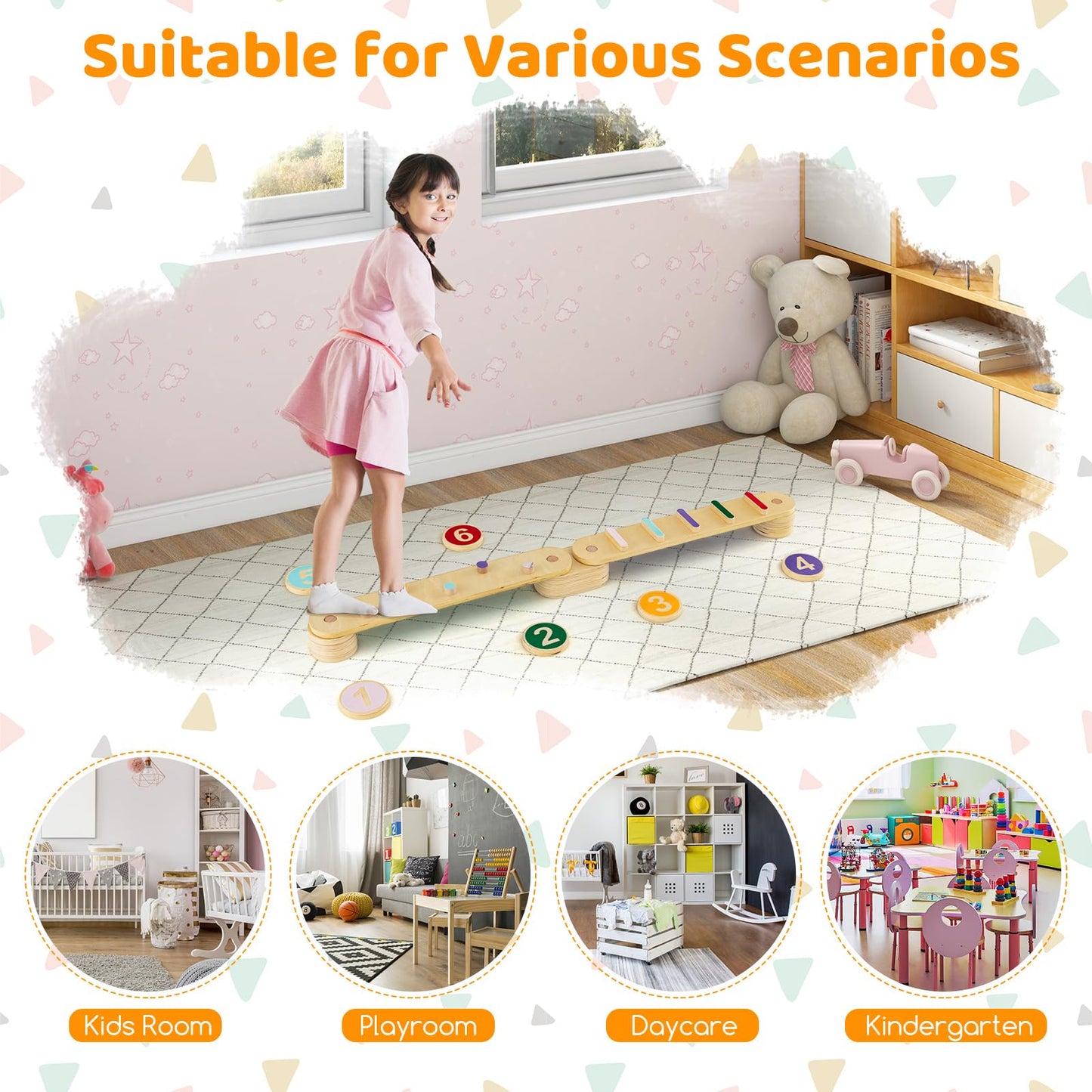 Costzon Montessori Wooden Balance Beam Step Stones, Double-Sided 12-pcs Kids Gymnastics Obstacle Course Balance Board Playset for Coordination, Motor Skills, Natural Development Toy Gift Age 3+ Years