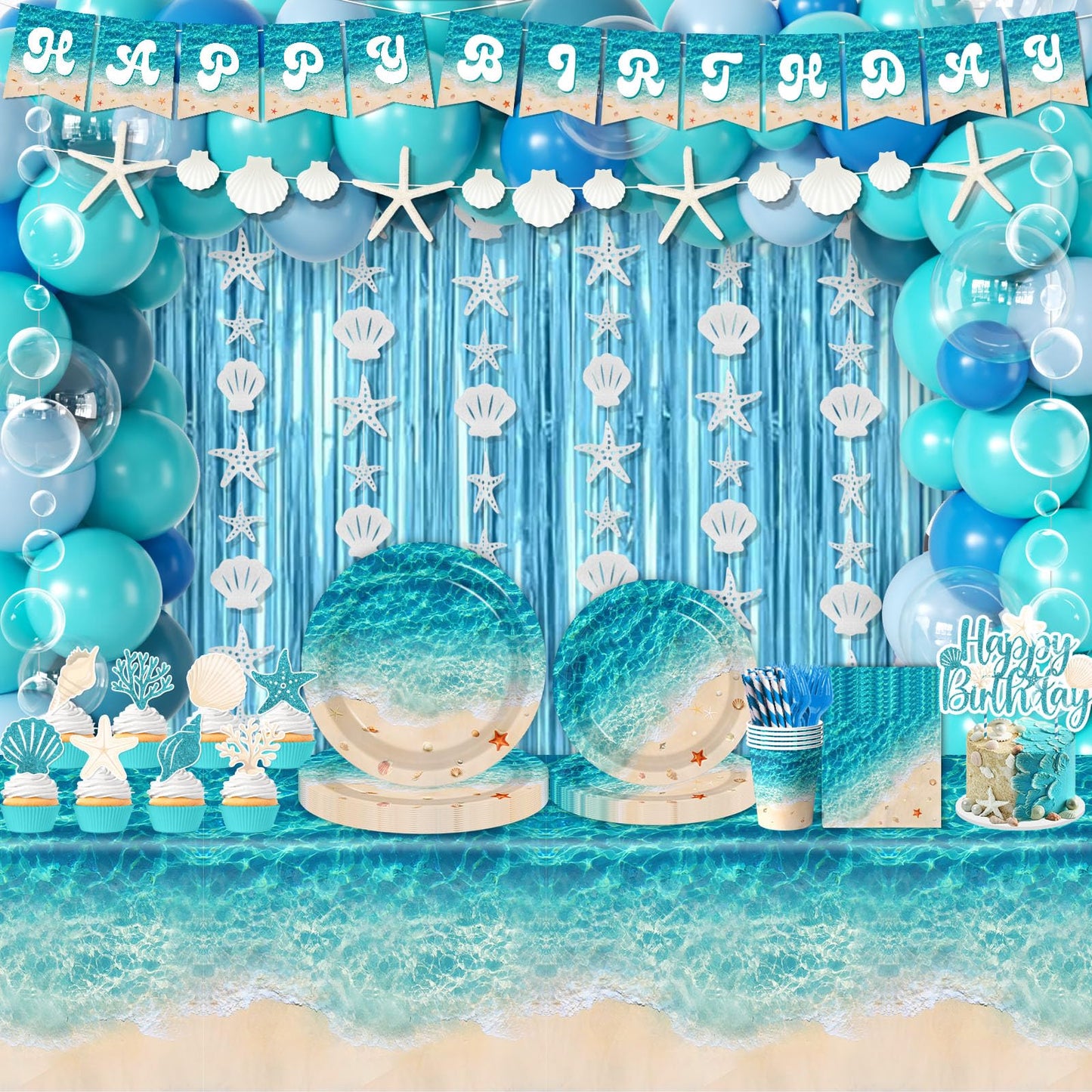 Beach Party Decorations, 273Pcs Ocean Waves Birthday Supplies Summer Pool Beach Birthday Party Decorations Tableware,Banner,Tablecloth,Starfish Bubble Garlands,Balloons,Cake Topper,Fringe Curtains