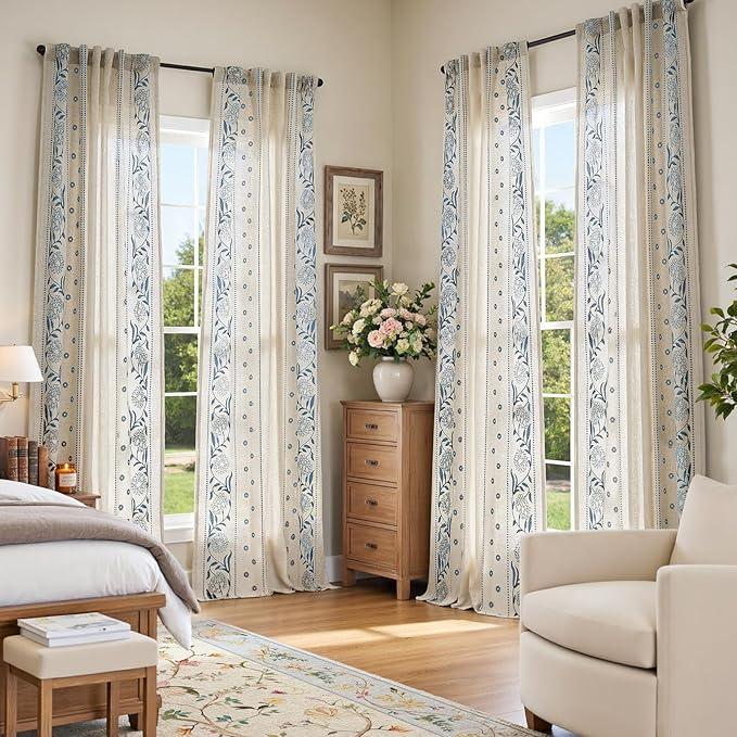 jinchan Winslow 96 Inch Curtains 4 Panel Set Embroidered Bordered Floral Curtains for Living Room Farmhouse Decor Light Filtering Window Treatments Blue on Beige Drapes 4 Panels