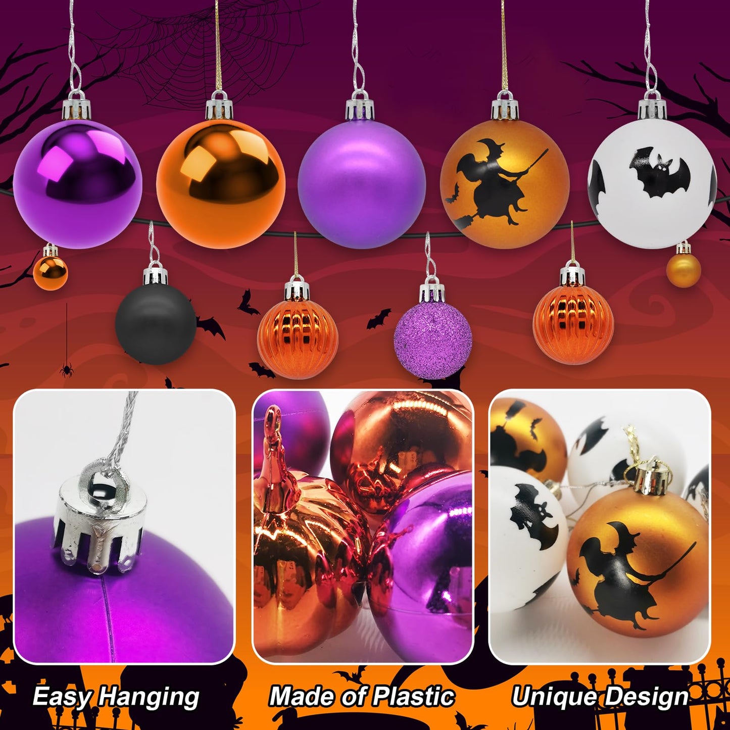 61PCS Halloween Tree Ornaments Ball Hanging Decorations Pumpkin Bat Witches Spider Halloween Decor Home Decor Indoor for Party Holiday
