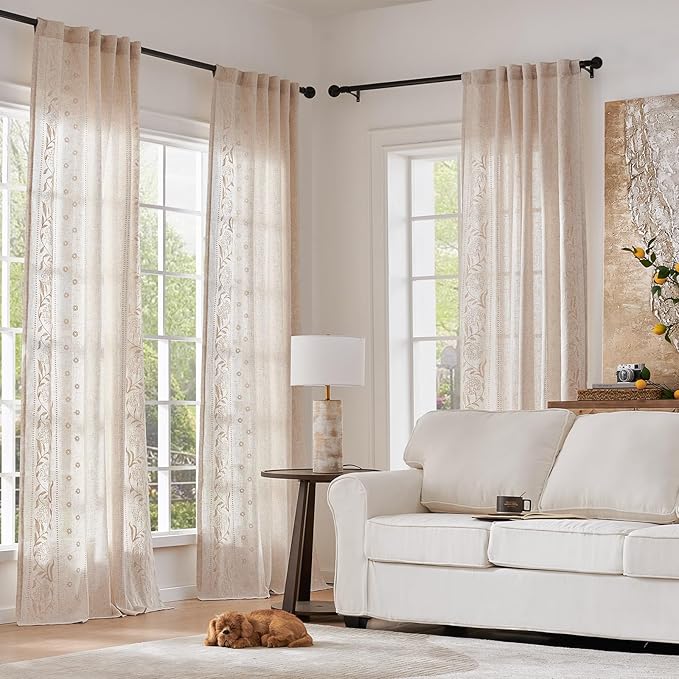 jinchan Winslow Linen Curtains for Bedroom 108 Inches Length Embroidered Bordered Floral Curtains for Living Room Farmhouse Decor Light Filtering Window Treatments Ivory on Beige Drapes 2 Panels