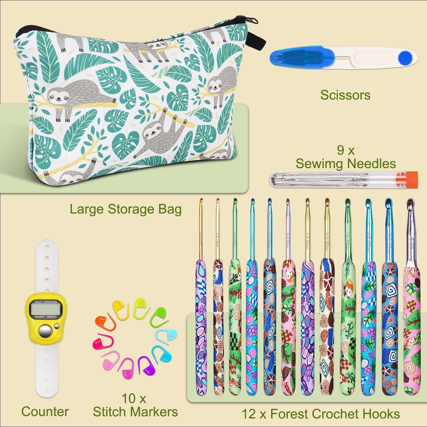 Coopay 12 Sizes Crochet Hooks Set with Case, Comfort & Sturdy Forest Crochet Hooks Ergonomic Soft Grip for Crocheting Yarn, Crochet Counter Track Stitches, Ideal Crochet Starter Kit