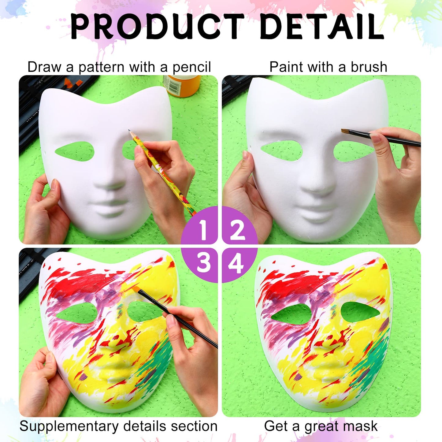 Sumind 50 Pcs White Paper Mache Mask Craft DIY Blank Paintable Costume Full Face Plain Mask for Decoration Cosplay Party Halloween