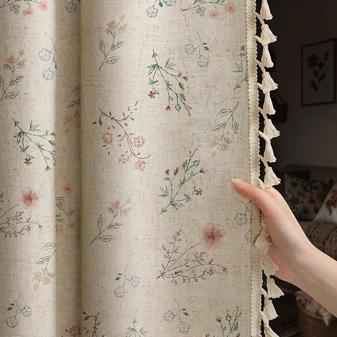 Boho Floral Spring 100% Blackout Curtains 84 Inch Length 2 Panels Set, Linen Texture Farmhouse Curtains Beige Tassel for Living Room Bedroom Vintage Rustic Patterned Printed Western Rod Pocket