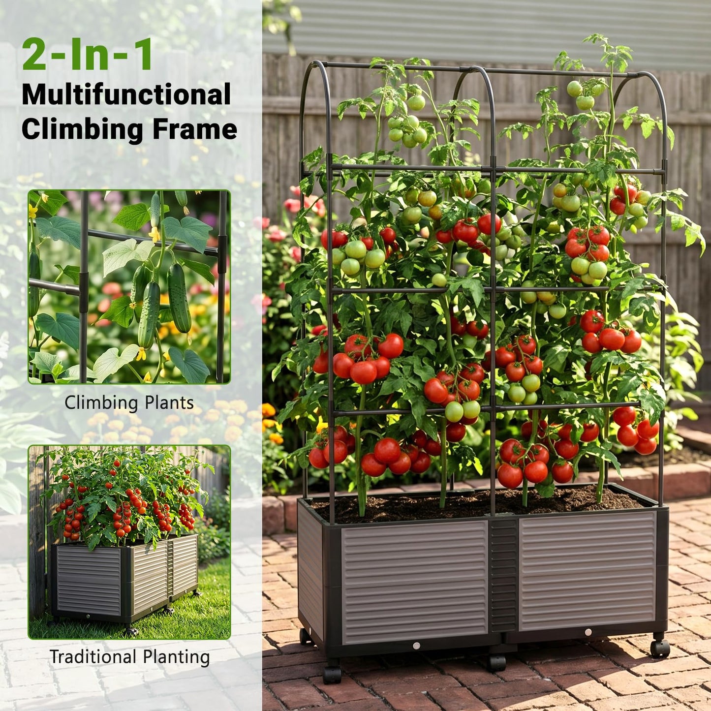 DoCred Raised Garden Bed Planter Box with Trellis for Climbing Vegetables Plants, Tomatoes Planters Outdoor Tomato Cage with Wheels, Indoor Outdoor Use