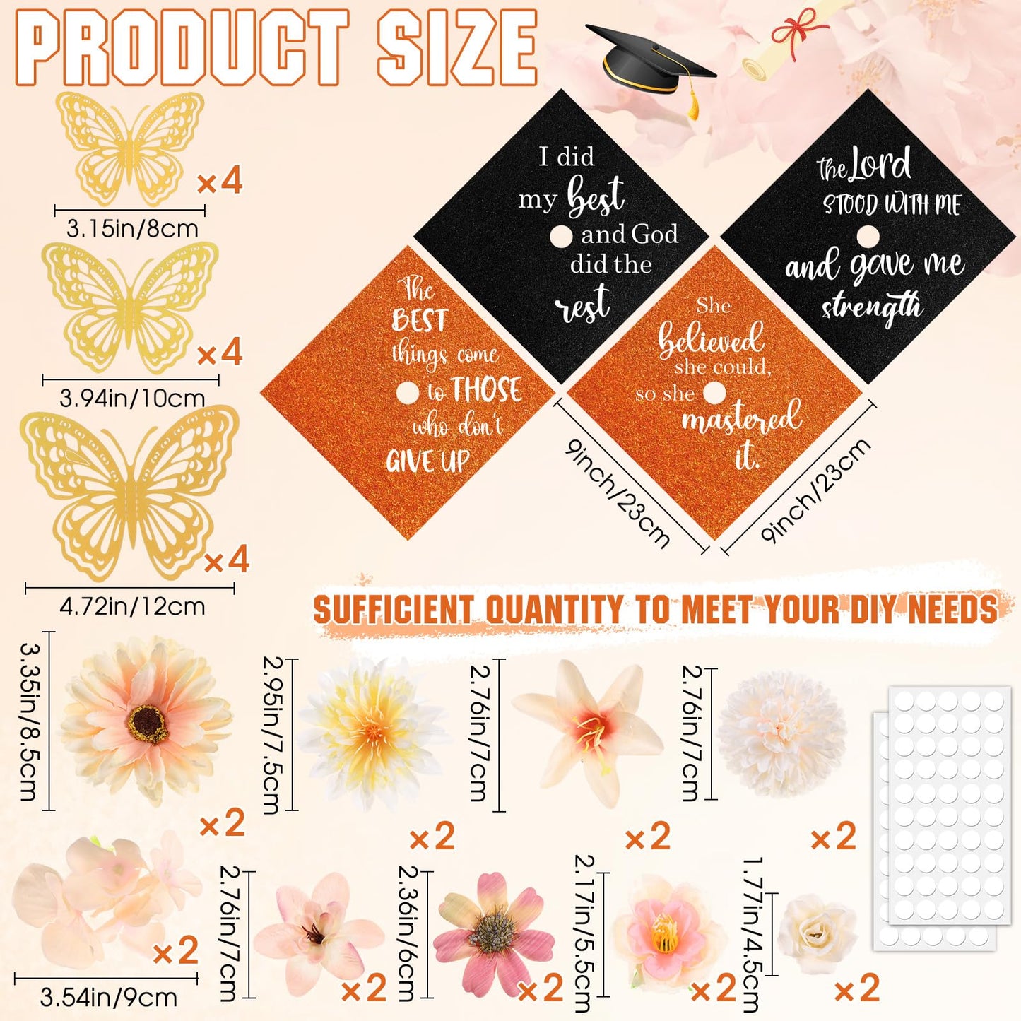 Dunzoom 34 Pcs DIY Graduation Cap Decorations Accessory Kit Artificial Flowers Inspirational Cardstock 3D Butterfly Stickers for DIY Hat Grad Cap Topper Graduation Party Supplies(Orange)