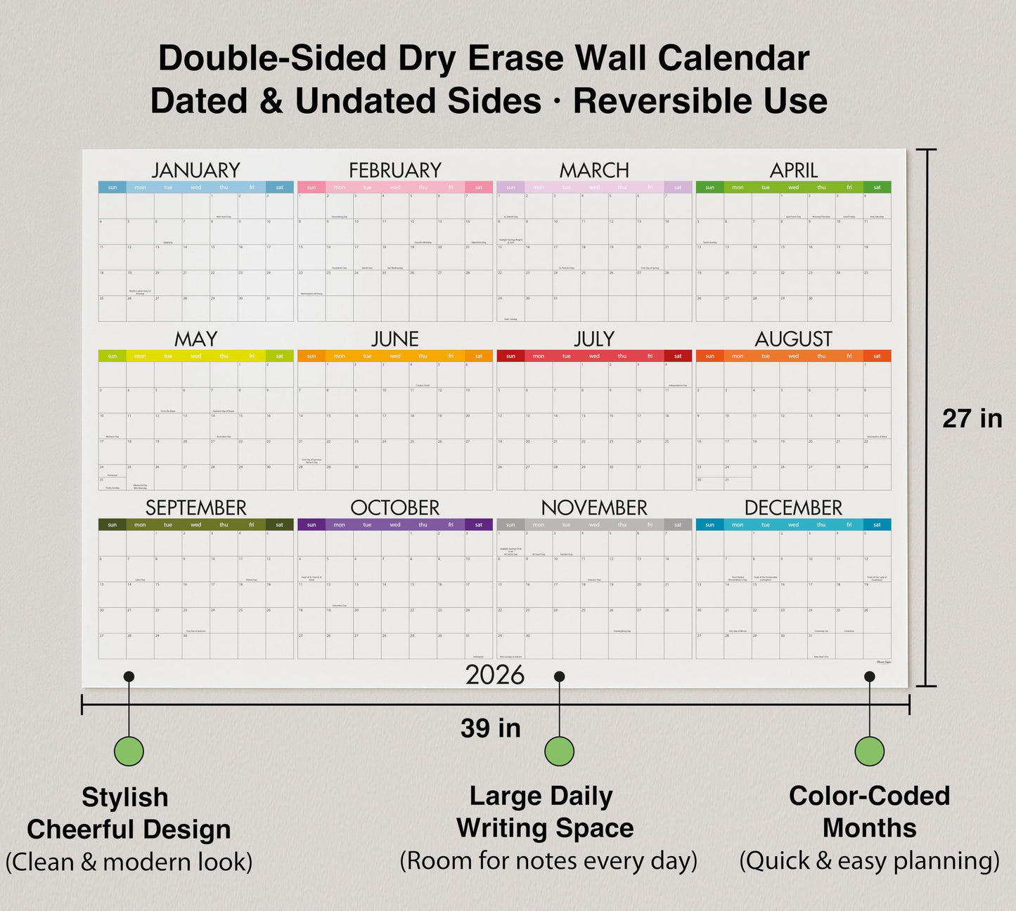 Dry Erase Wall Planner (27×39 in) – Double-Sided Reusable Yearly Planner with Undated Planning Board & 2026 Calendar Reference, Large Laminated Write & Wipe Wall Calendar for Home, Office, Classroom — Rolled Poster.