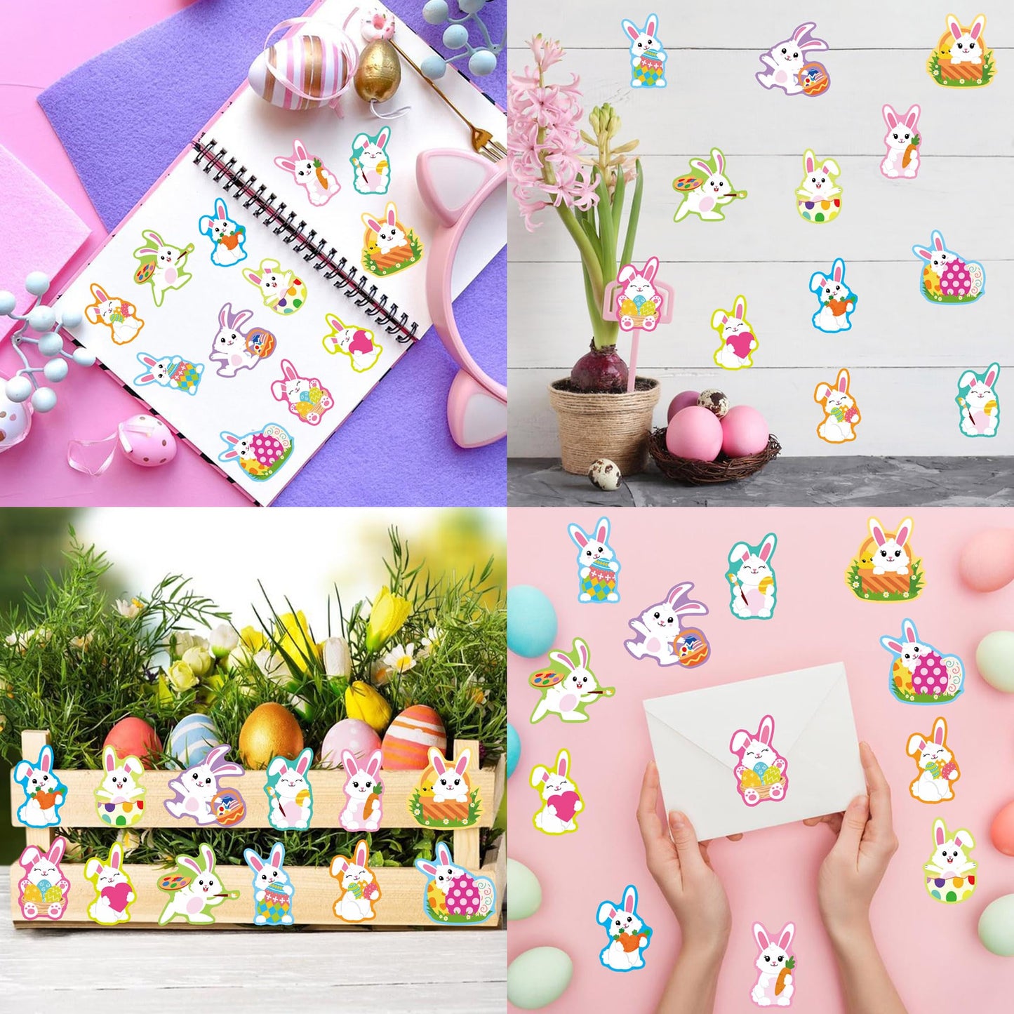 1200 PCS Easter Bunny Stickers Roll 12 Designs Easter Egg Rabbit Stickers Self-Adhesive Decorative Label Stickers for Envelopes Craft Card Gift Party Supplies, 2 Rolls