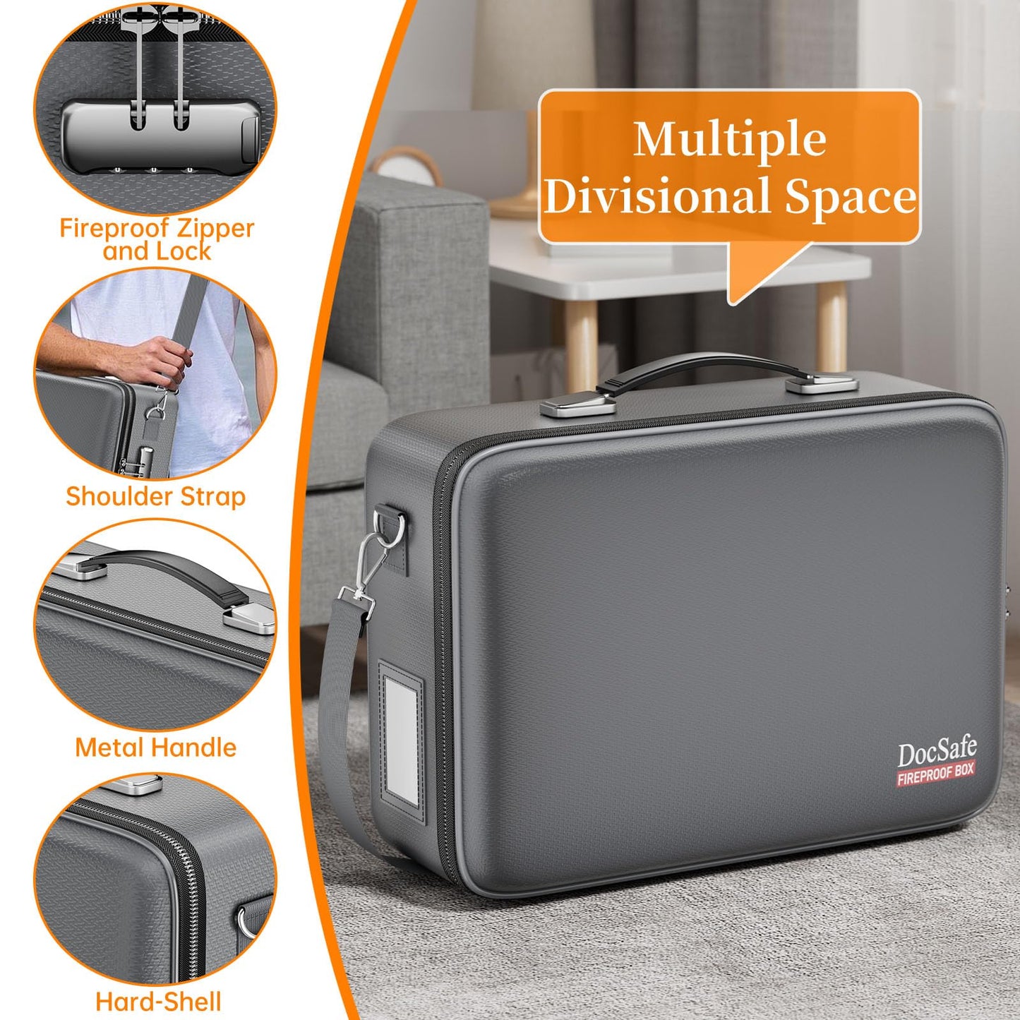 DocSafe Fireproof Document Box with Lock＆Shoulder Strap,Hard Case File Organizer with Accordion File Folder,Multi-Layer Portable Home Office Travel Safe Storage for Important Documents Laptop Gray