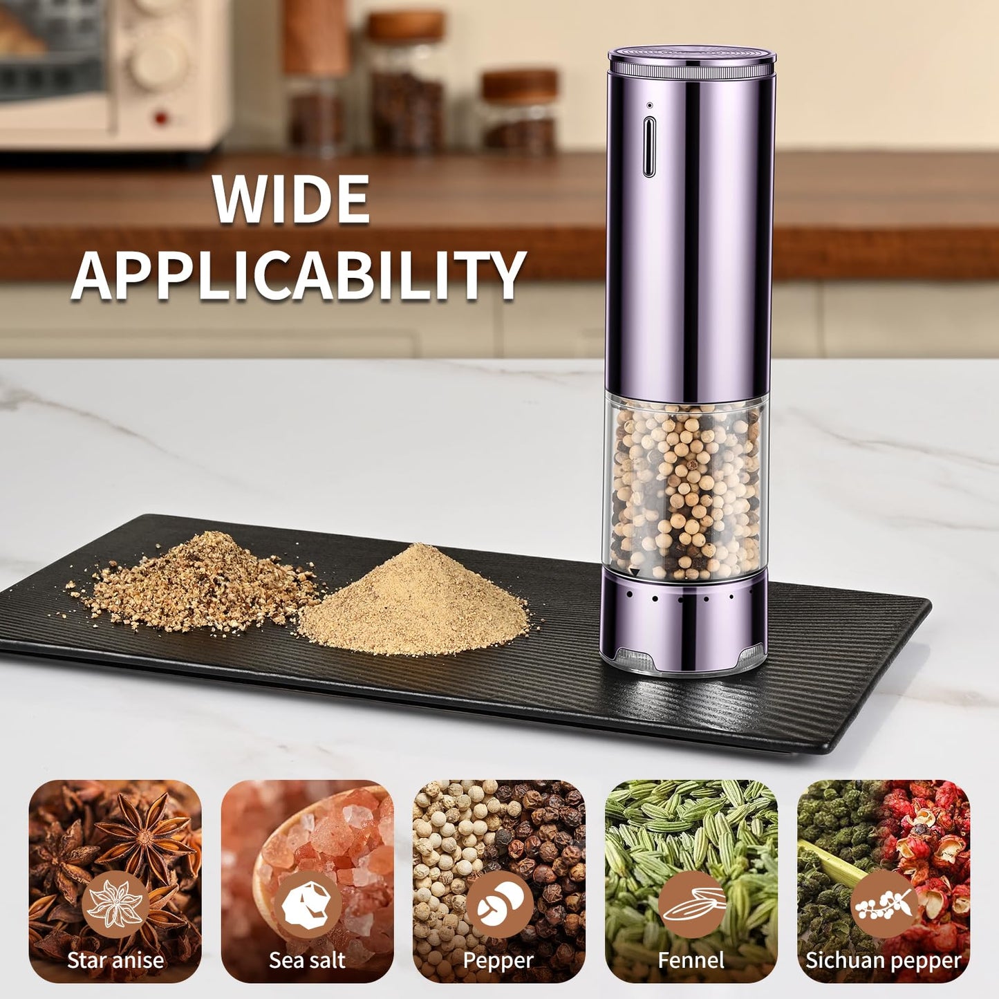 JASUNMI Rechargeable Salt & Pepper Grinder Set - Electric Automatic Grinder, Adjustable Coarseness, LED Light, One-Hand Operation, Stainless Steel & Acrylic, USB Charging, Purple (Set of 2)