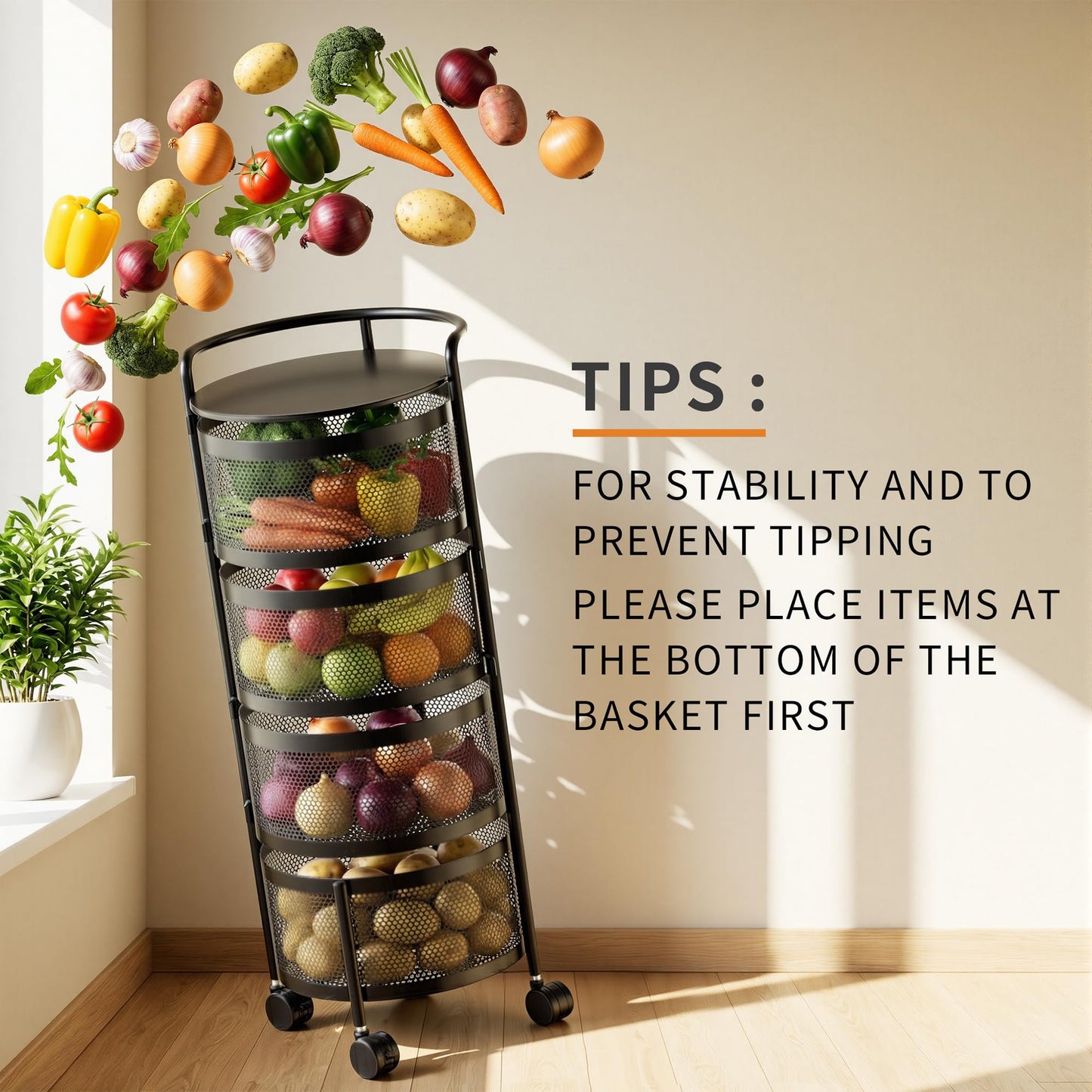 JAQ No Assembly Kitchen Storage Cart with Wheels, 4-Tier Rotating Vegetable & Onion Storage Rack, Metal Produce Organizer for Potato, Fruit and Pantry, Black