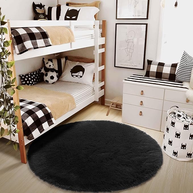 Black Round Rug 4Ft for Bedroom, Fluffy Circle Area Rugs for Living Room Decor Aesthetic, Shaggy Furry Circular Floor Carpet for Office Playroom Nursery Classroom, Modern Baby Kids Teen Boys Mens Rug