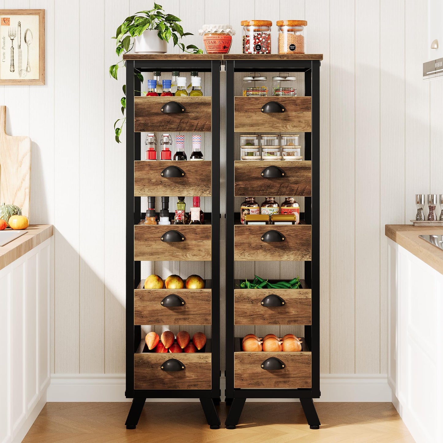 Tribesigns Wood Fruit and Vegetable Storage Rack, 5-Tier Narrow Snack Stand Kitchen Stand Fruit Basket, Pull-Out Utility Organizer for Kitchen, Living Room, Rustic Brown