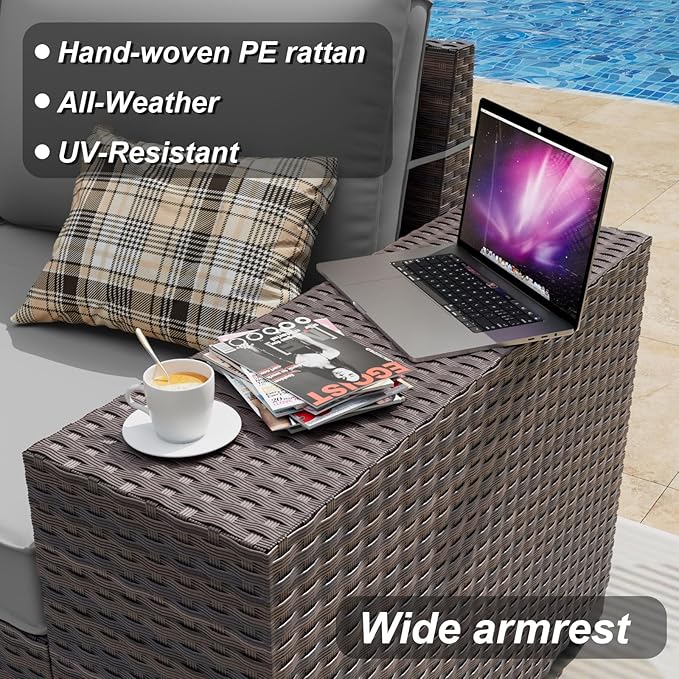 ALAULM 12 Pieces Outdoor Patio Furniture Set Sectional Sofa Sets Brown PE Rattan Patio Conversation Set w/10 Grey Seat Cushions and 2 Coffee Tables