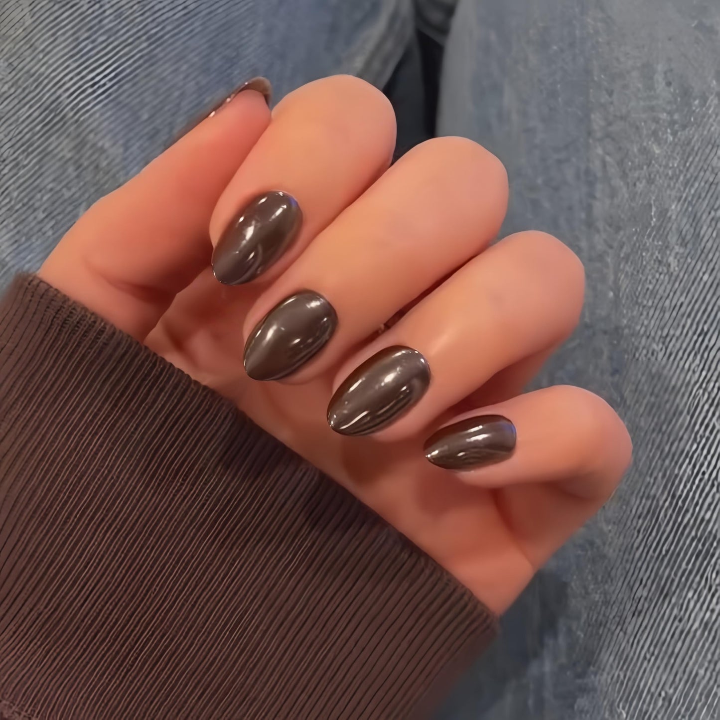 Fall Press On Nails Short - KQueenest Chrome Brown Press On Nails Oval, Sparkle Soft Gel Fake Nails Press on Short Almond, Reusable Cute Glitter Glue on Nails for Women, Thick Salon Quality, 24 Pcs