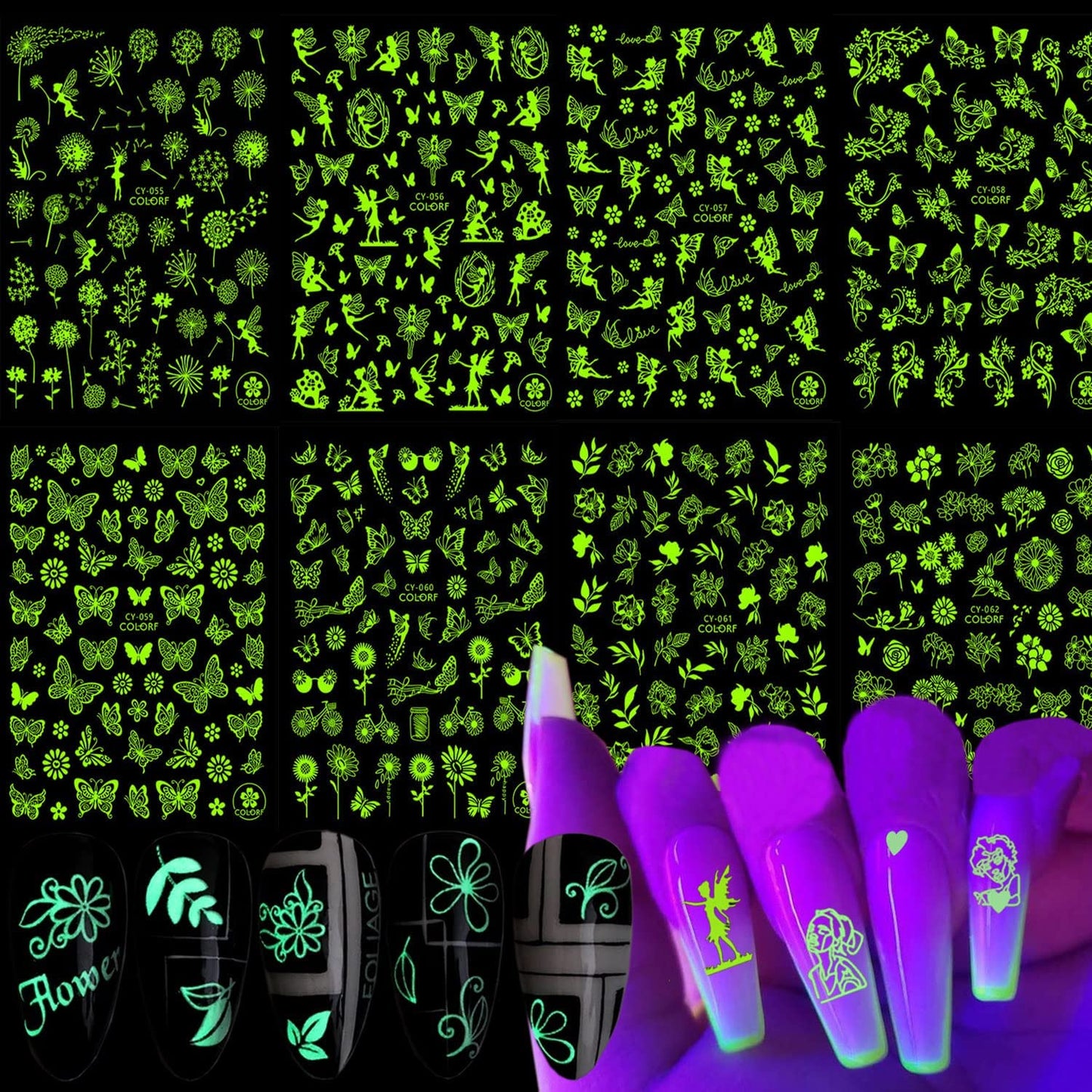 8 Sheets Luminous Nail Stickers and 8 Sheets Butterfly Nail Stickers