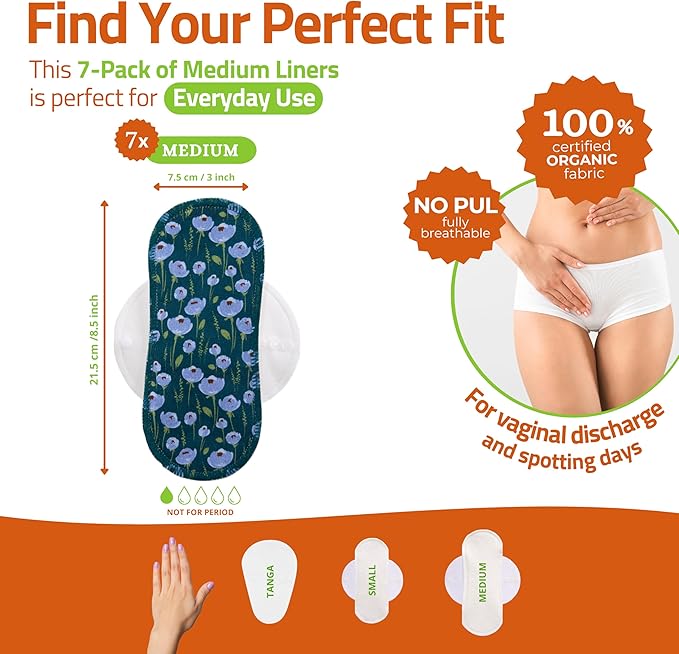 Organic Cotton EcoComfort Reusable Panty Liners for Women & Teens (Medium, 7-Pack); High-Temp Washable Cloth Liners; Stay Fresh & Dry, for Daily Vaginal Discharge Only; 100% Breathable (no PUL/TPU)
