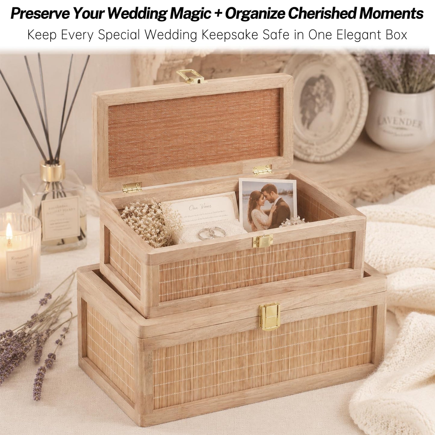HuiDao Natural Bamboo Decorative Box with Lids, Unique Decorative Boxes Set of 2, Boho Wedding Keepsake Box, Memory Box with Lid for Crafts, trinkets and Photo Storage