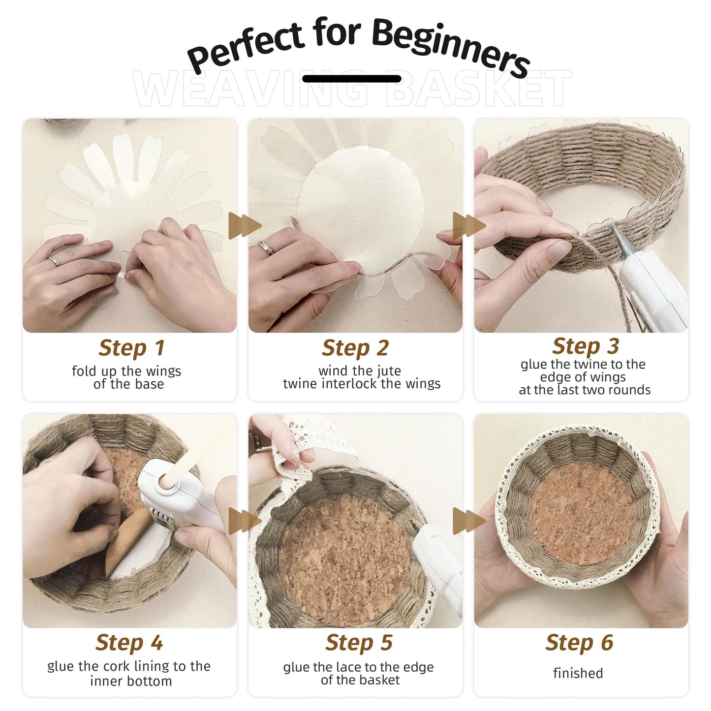 AOUXSEEM 8 Sets Basket Weaving Craft Kit for Beginners,DIY Burlap Style Desk Storage Small Parts Candy Cookies Bowls,8 inches Plastic Base and 109yd Jute Twine and Cork Linings & Lace