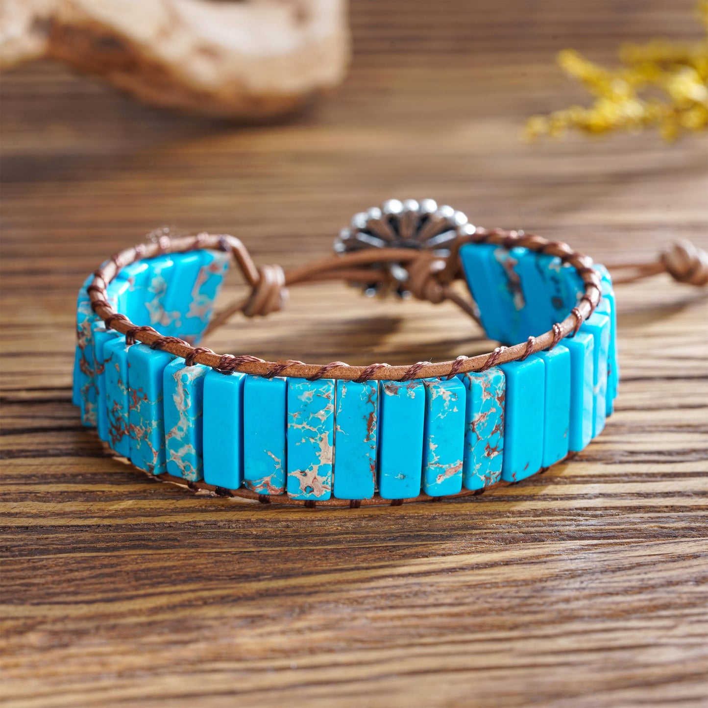 Plumiss Natural Blue Imperial Jasper Stone Leather Wrap Bracelet for Women, Handmade Boho Western Jewelry, Adjustable Slider Bracelet Gift for Her