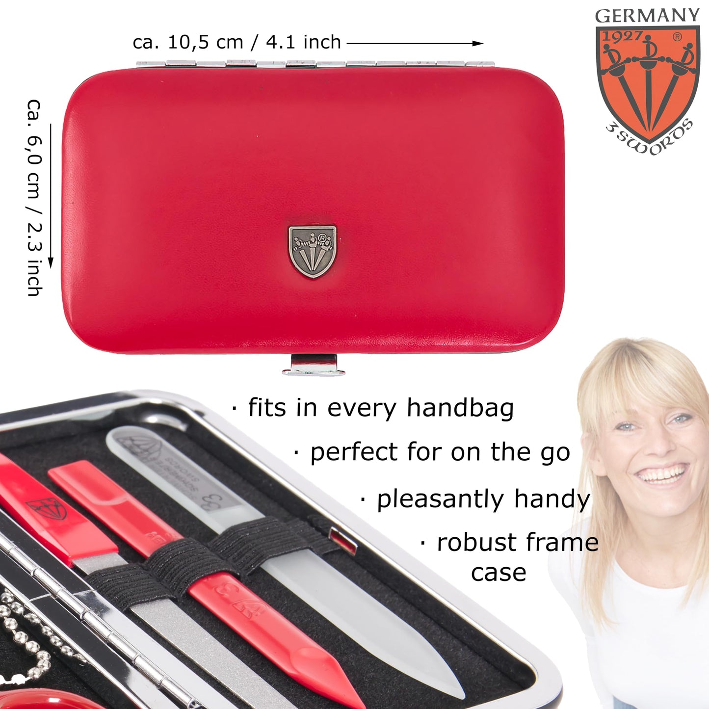 3 Swords Germany - Brand Quality 6 piece Manicure Pedicure Grooming kit Set - Scissors, Metal and Glass Nail File, Clipper, Tweezers with Synthetic Leather case - red/red Tools