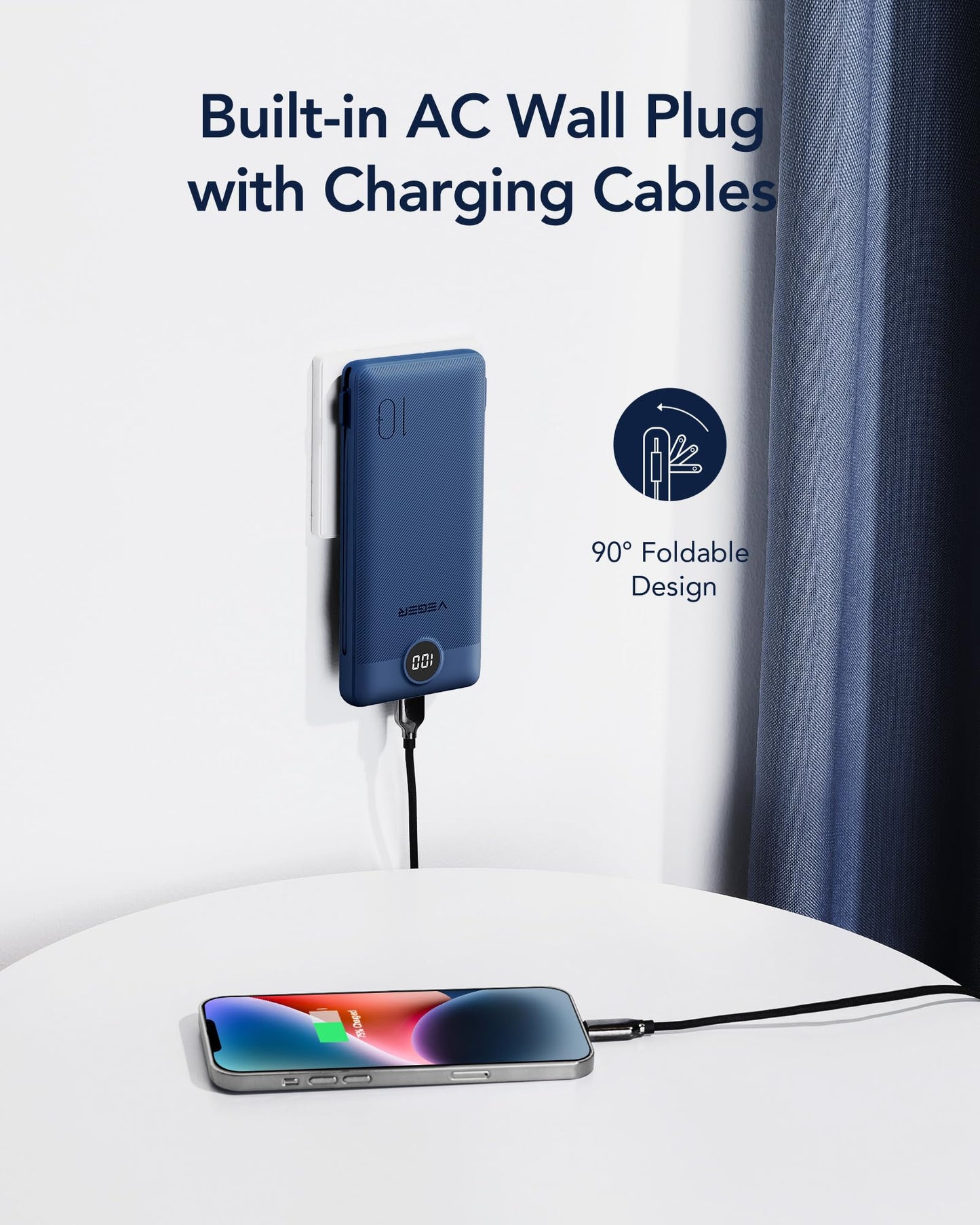 VEGER Portable Charger with Built-in AC Plug and Cables, All in One 10000mAh Ultra Slim Power Bank Travel Essentials, Fast Charging Battery Pack Compatible with iPhone, Samsung, Android (Navy)