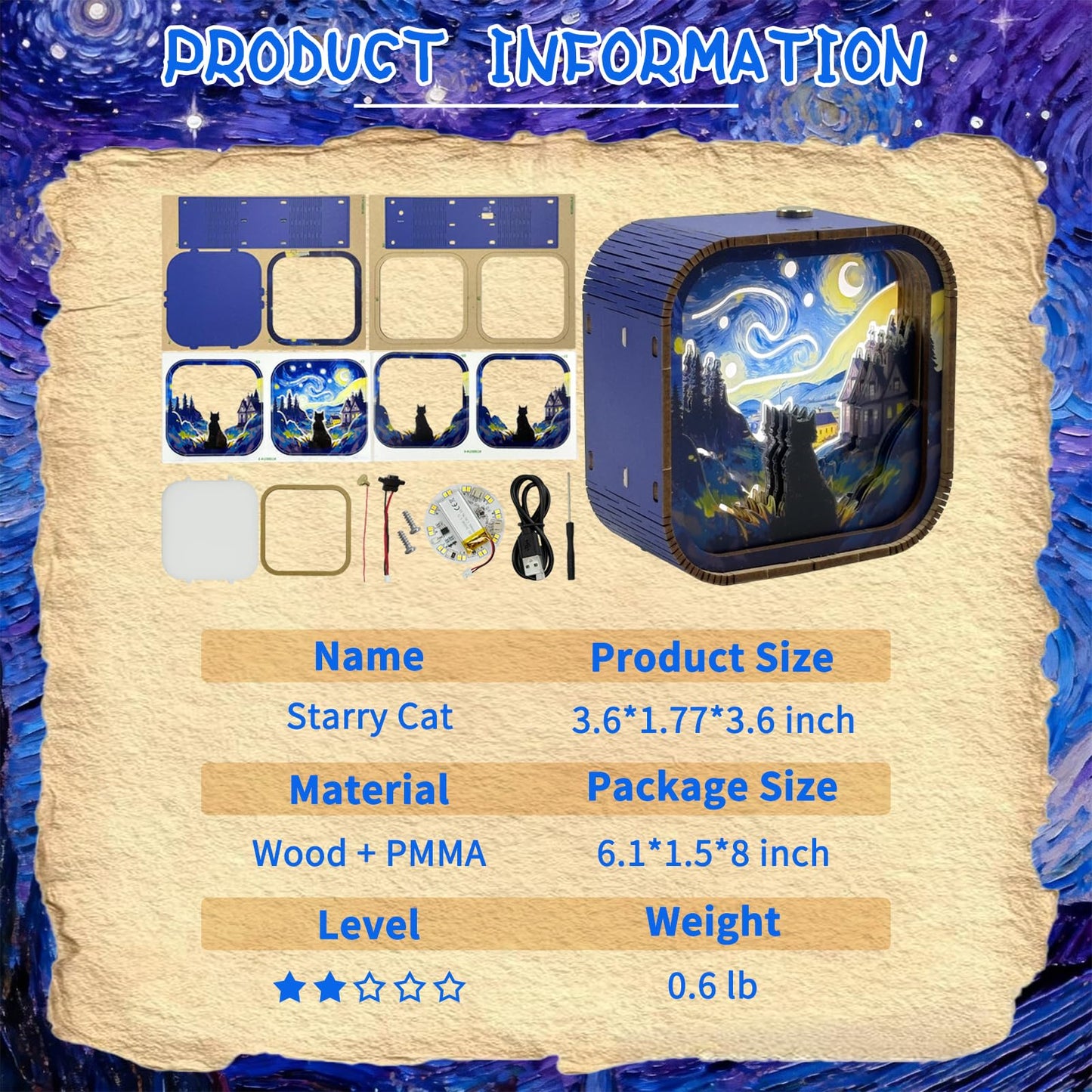 3D Wooden Puzzle Night Light DIY LED Art Lamp Kit for Adults Desk Decor Relaxing Craft Project Table Ornament and Unique Gift (Starry Cat)