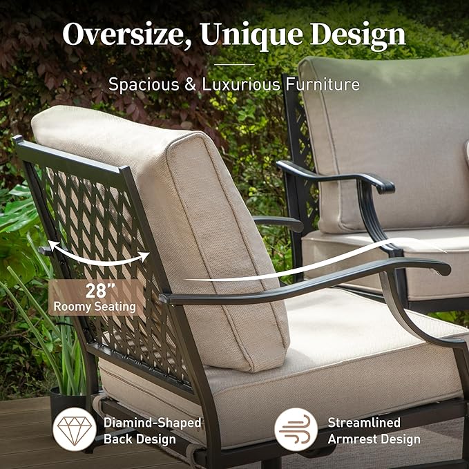 Patio Furniture Set, 4 Piece Modern Metal Outdoor Patio Furniture, 3 Seater Couch, 2 swivel Chairs, Coffee Table and 5.75" Extra Thick Cushion, Patio Conversation Set for Backyard Deck