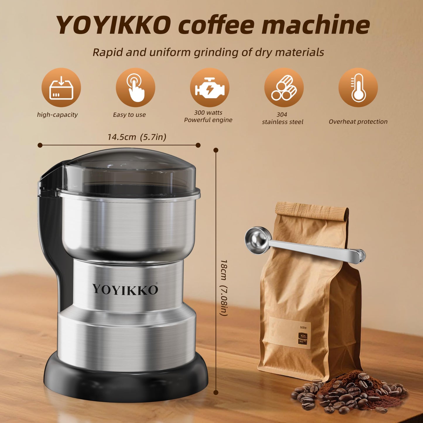Electric Coffee Grinder 300W, Adjustable Grind, Espresso/Drip/Pour. Coffee Grinder for Coffee, Spices, and Other Foods (silvery-148)