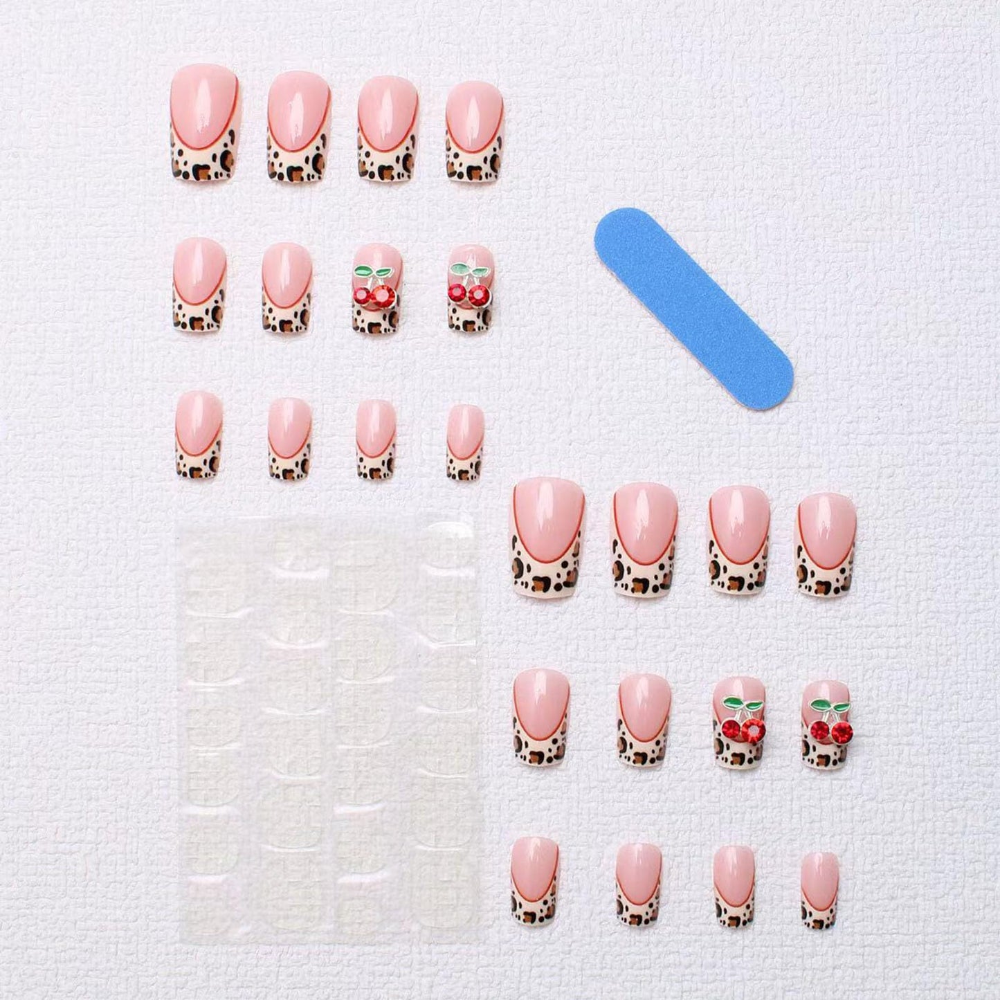 French Tip Press on Nails Square Medium Fake Nails with 3D Cherry Leopard Print Designs Glossy Glue on Nails Nude Full Cover Nails Press ons Fall Acrylic Artificial Stick on Nails for Women 24Pcs