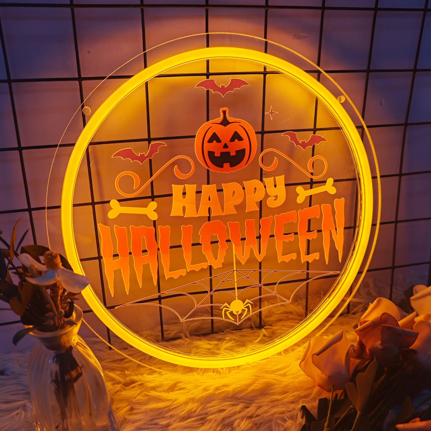 Happy Halloween Neon Sign, Round Pumpkin LED Wall Light with Spider Web and Bats, Halloween Party Wall Decor, Adjustable Brightness Neon Lamp with Mounting Kit 11.6" × 11.6"