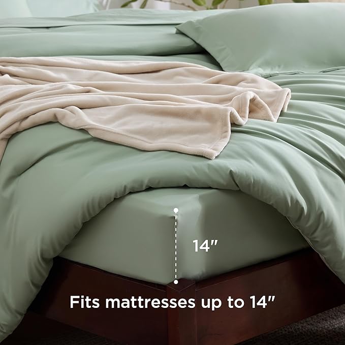 Bedsure King Comforter Set Sage Green, 8 Pieces Prewashed King Size Bed in a Bag with Soft Fleece Bed Blanket, Down Alternative Bedding Set for All Seasons, Sheets, Pillowcases & Shams