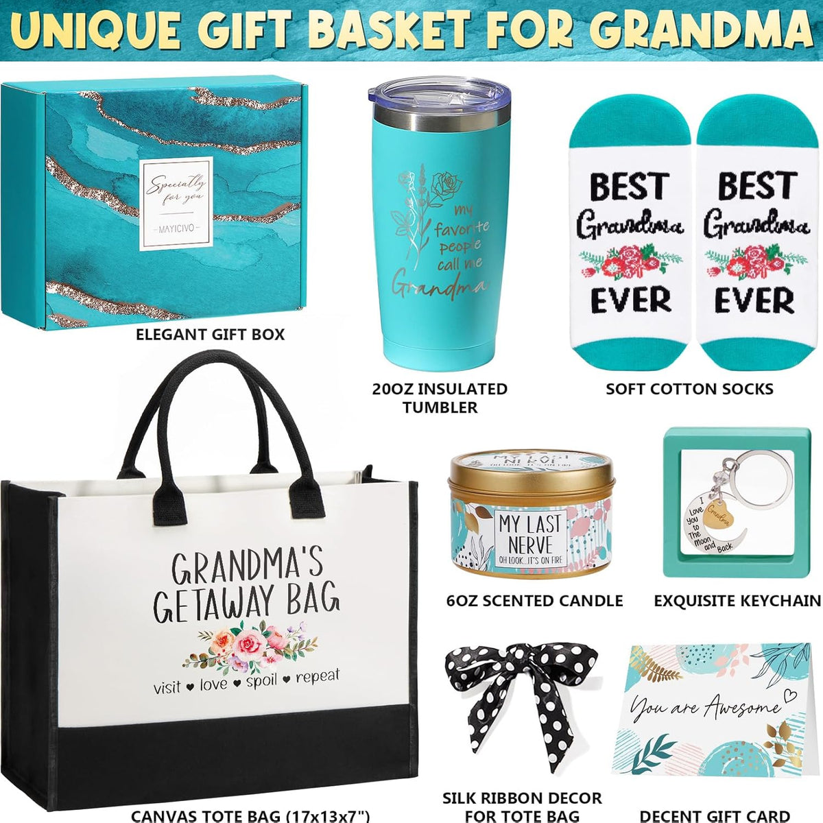 Best Grandma Gifts, Christmas Gifts for Grandma from Granddaughter Grandchildren Grandkids, Unique Grandmother Birthday Gift Nana Gift Basket for Gigi Grandmother New Granny w/ Canvas Tote Bag