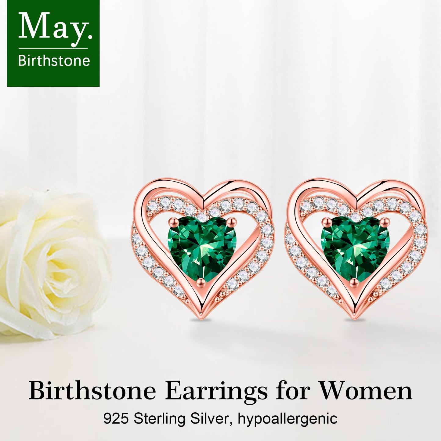 Iefil Earrings for Women, 925 Sterling Silver May Birthstone Green Emerald Earrings