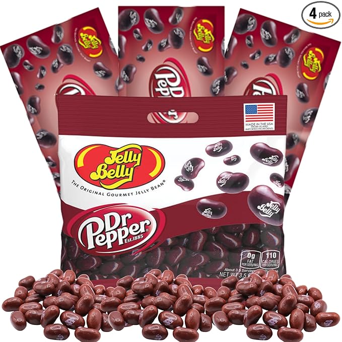 Needzo Dr Pepper Jelly Beans Basket Stuffer Kit, Soda Flavored Chewy Candies, Individually Packaged Single Serving Bags and Shareable Bag, Pack of 4