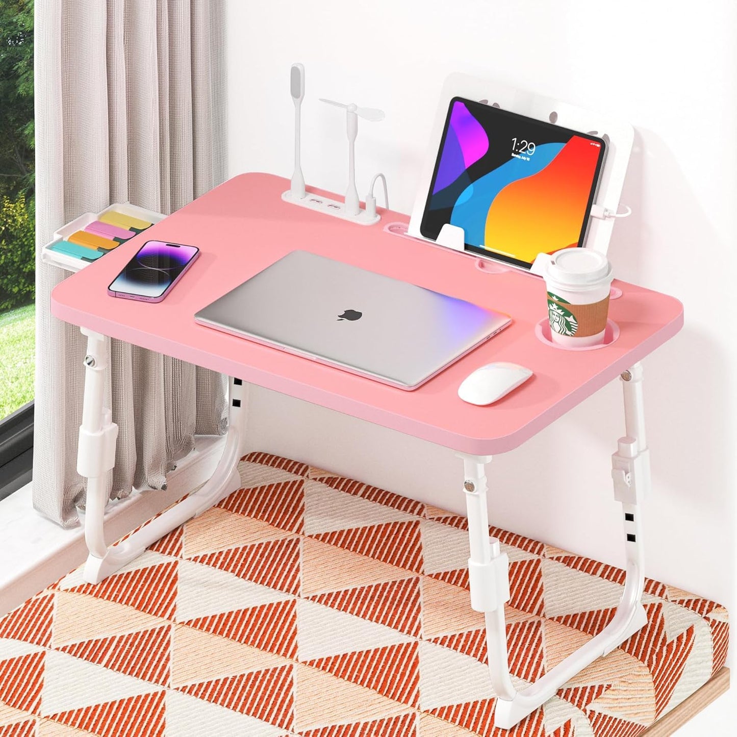 DECOSIS Bed Desk Height Adjustable, Bed Laptop Table with USB/Storage Drawer/Cup Holder/Tablet Stand/Book Shelf, Foldable Breakfast Tray Portable for Reading Writing, Bed, Sofa & Floor, Wood, Pink